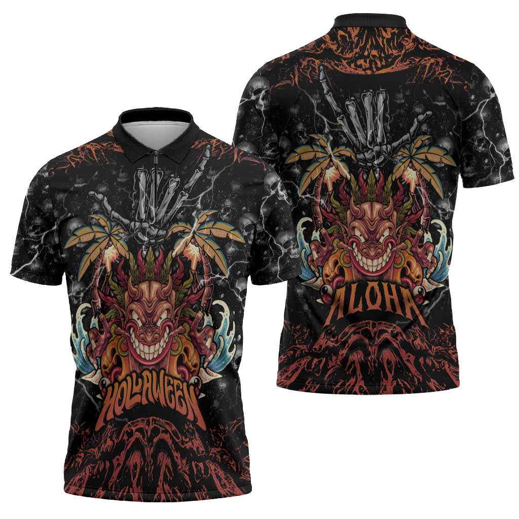 Aloha Halloween Zipper Polo Shirt Horror Tiki Heavy Metal Style - Wonder Print Shop