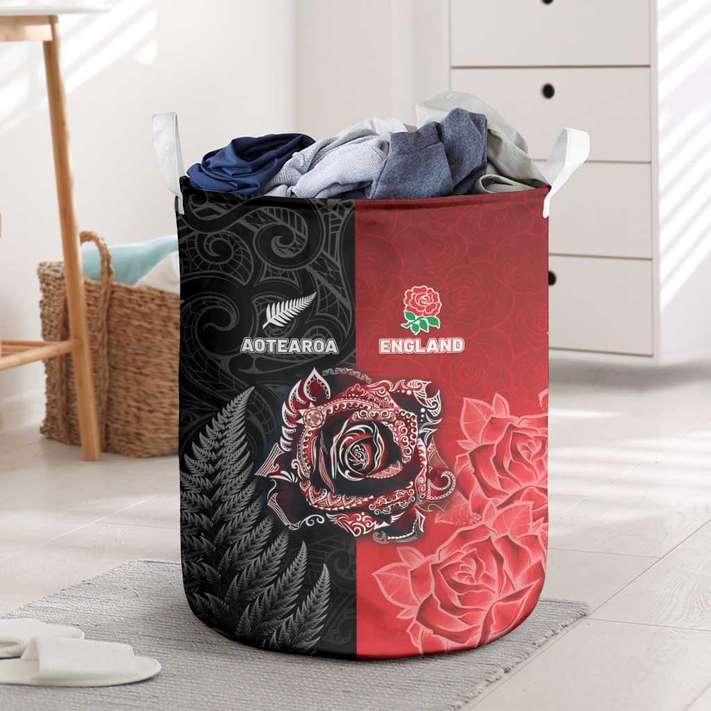 New Zealand And England Rugby Laundry Basket Red Rose Mix Maori Pattern - Wonder Print Shop