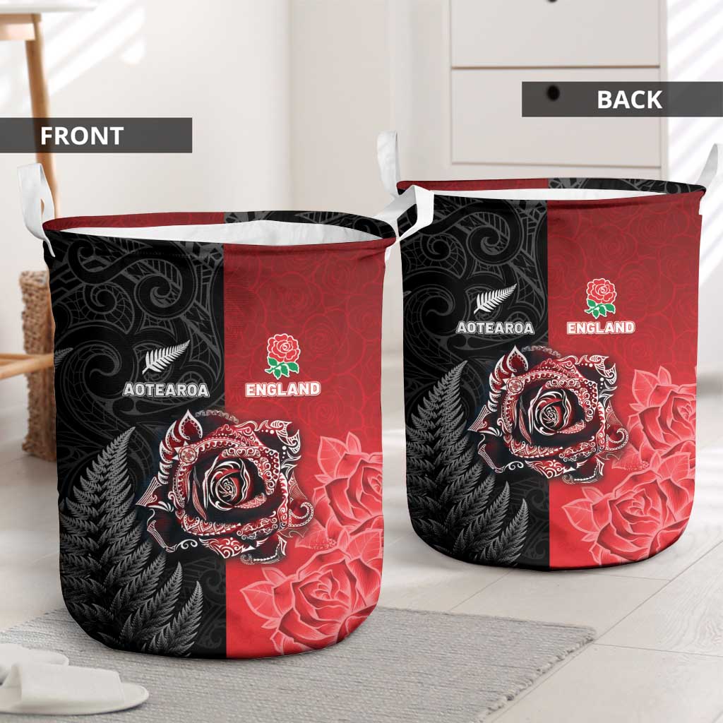 New Zealand And England Rugby Laundry Basket Red Rose Mix Maori Pattern - Wonder Print Shop