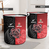 New Zealand And England Rugby Laundry Basket Red Rose Mix Maori Pattern - Wonder Print Shop