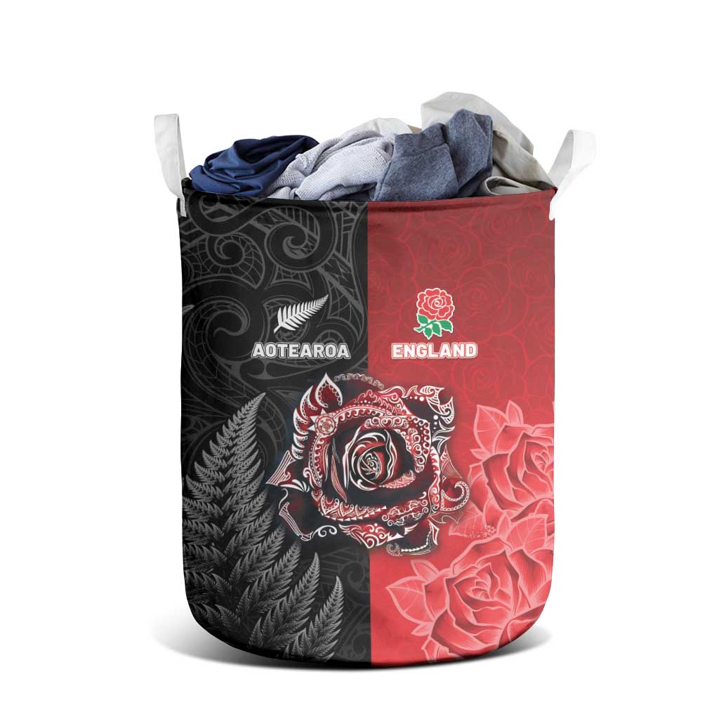 New Zealand And England Rugby Laundry Basket Red Rose Mix Maori Pattern - Wonder Print Shop