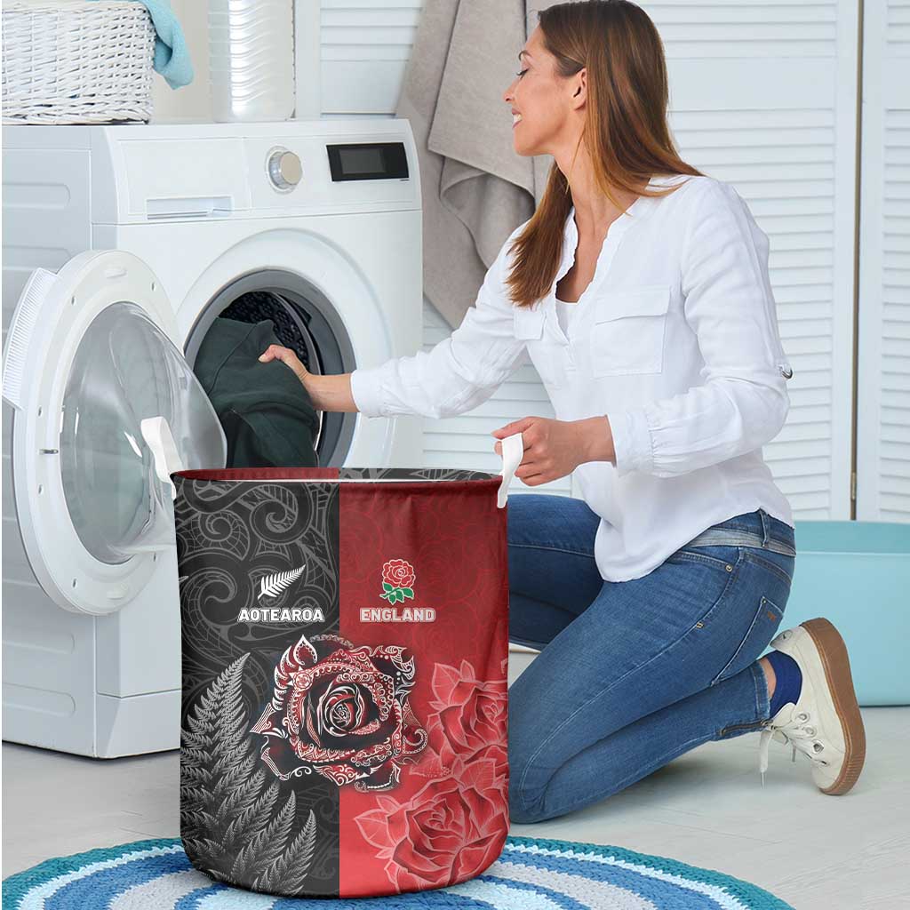New Zealand And England Rugby Laundry Basket Red Rose Mix Maori Pattern - Wonder Print Shop