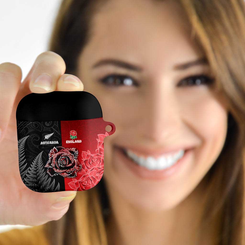 New Zealand And England Rugby AirPods Case Red Rose Mix Maori Pattern - Wonder Print Shop