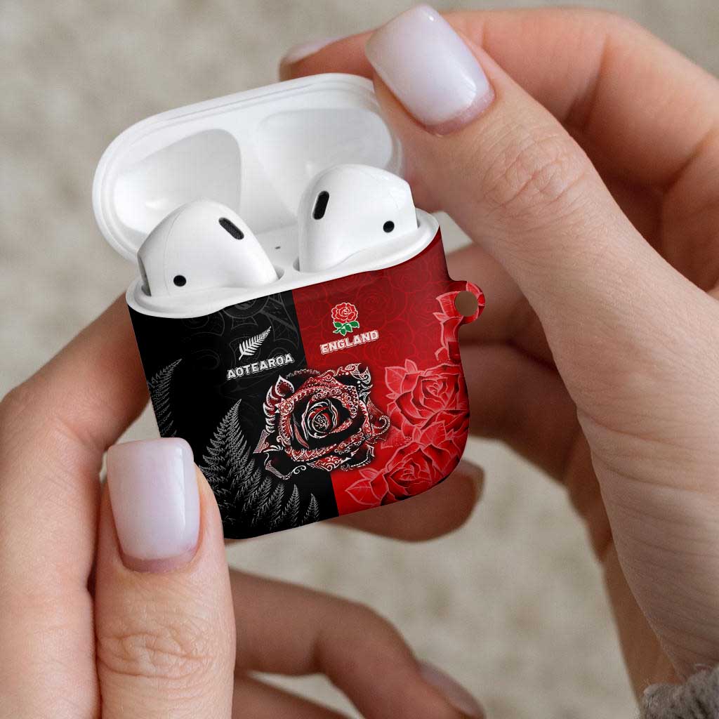 New Zealand And England Rugby AirPods Case Red Rose Mix Maori Pattern - Wonder Print Shop