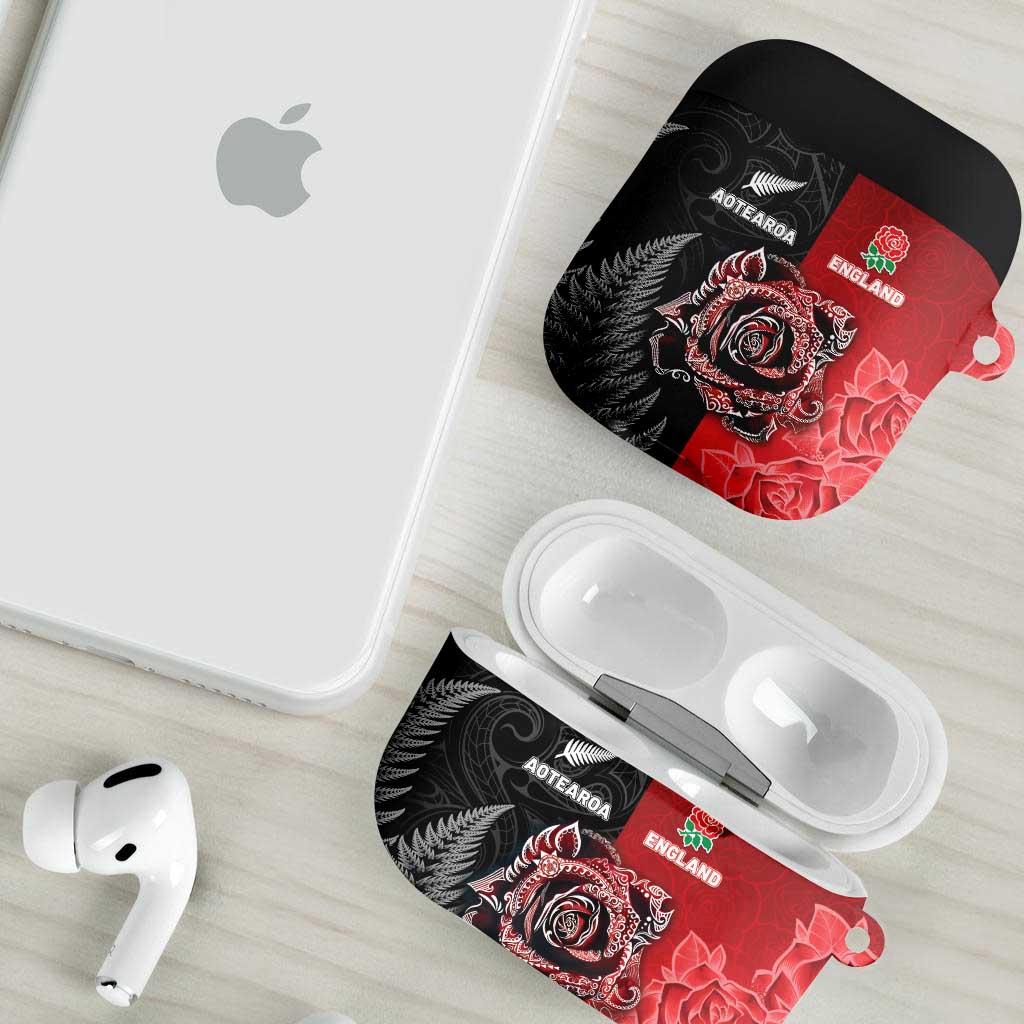 New Zealand And England Rugby AirPods Case Red Rose Mix Maori Pattern - Wonder Print Shop