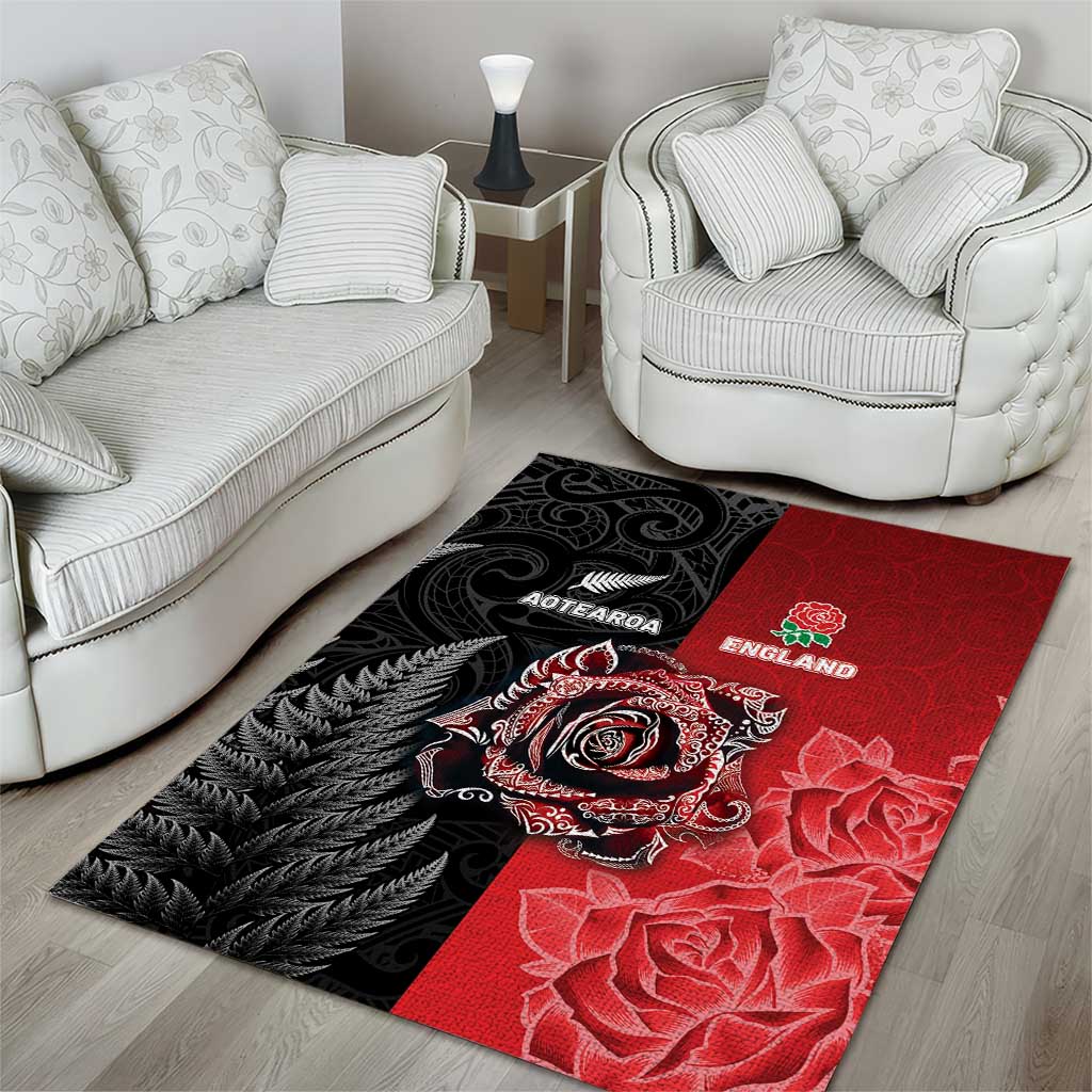 New Zealand And England Rugby Area Rug Red Rose Mix Maori Pattern - Wonder Print Shop