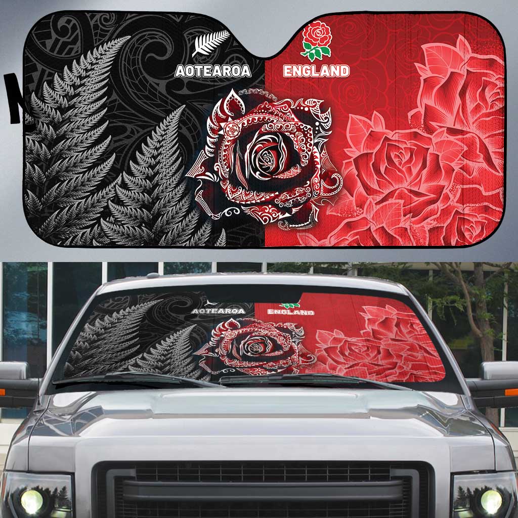 New Zealand And England Rugby Auto Sun Shade Red Rose Mix Maori Pattern - Wonder Print Shop