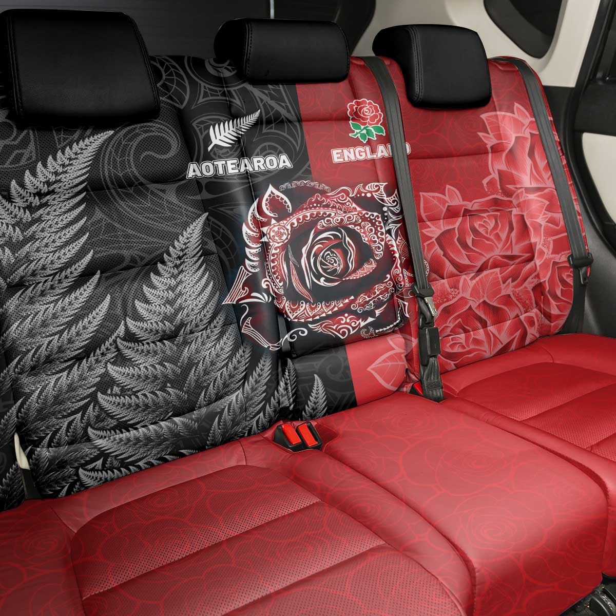 New Zealand And England Rugby Back Car Seat Cover Red Rose Mix Maori Pattern - Wonder Print Shop