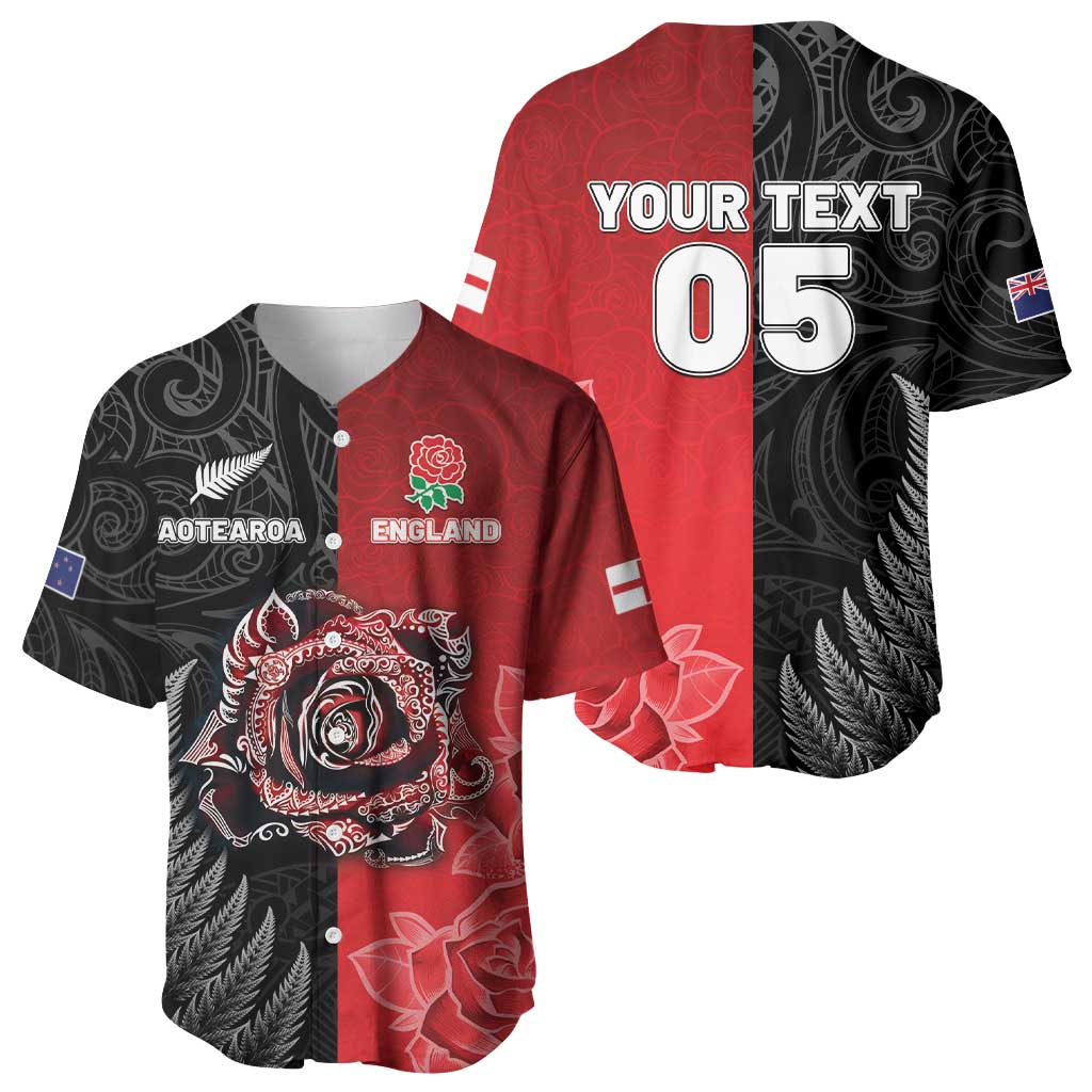 New Zealand And England Rugby Custom Baseball Jersey Red Rose Mix Maori Pattern - Wonder Print Shop