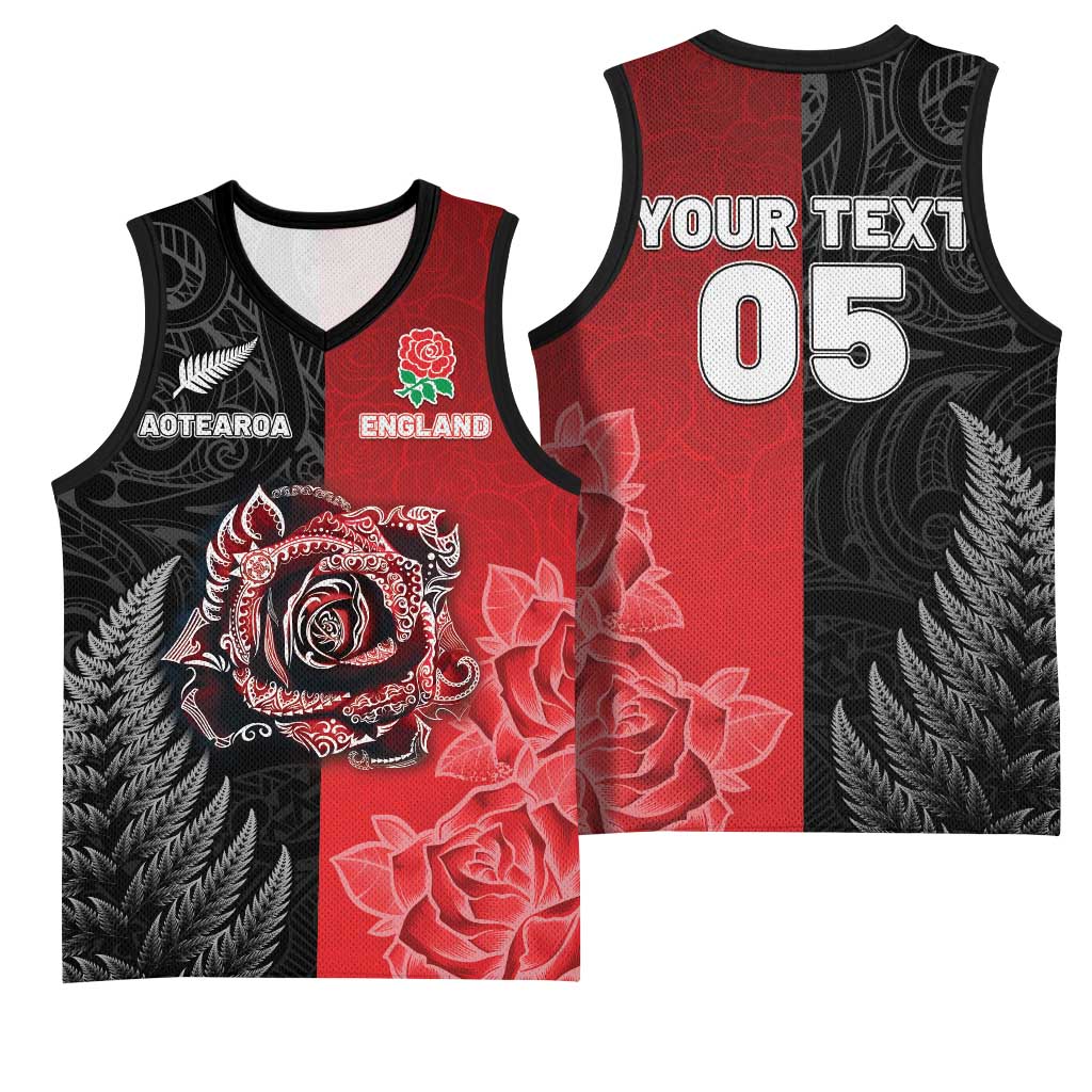 New Zealand And England Rugby Custom Basketball Jersey Red Rose Mix Maori Pattern - Wonder Print Shop