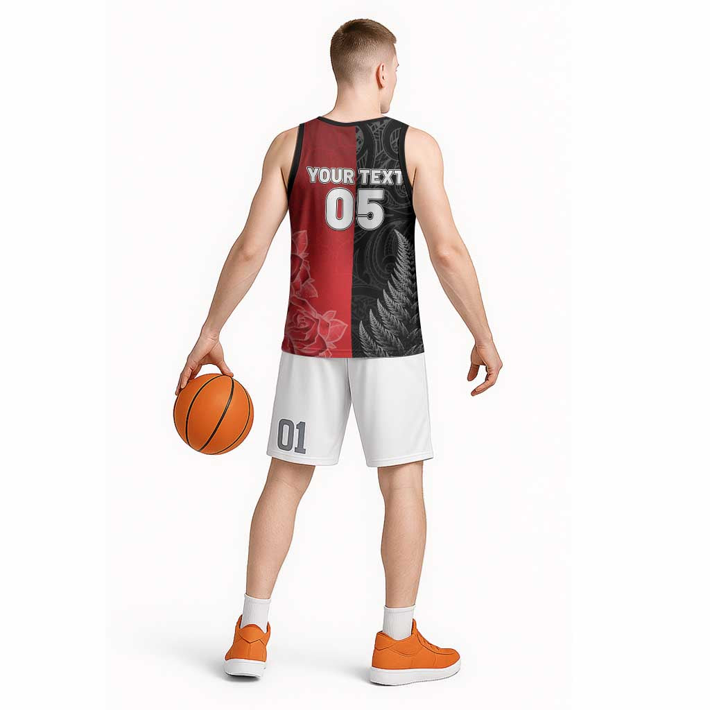 New Zealand And England Rugby Custom Basketball Jersey Red Rose Mix Maori Pattern - Wonder Print Shop