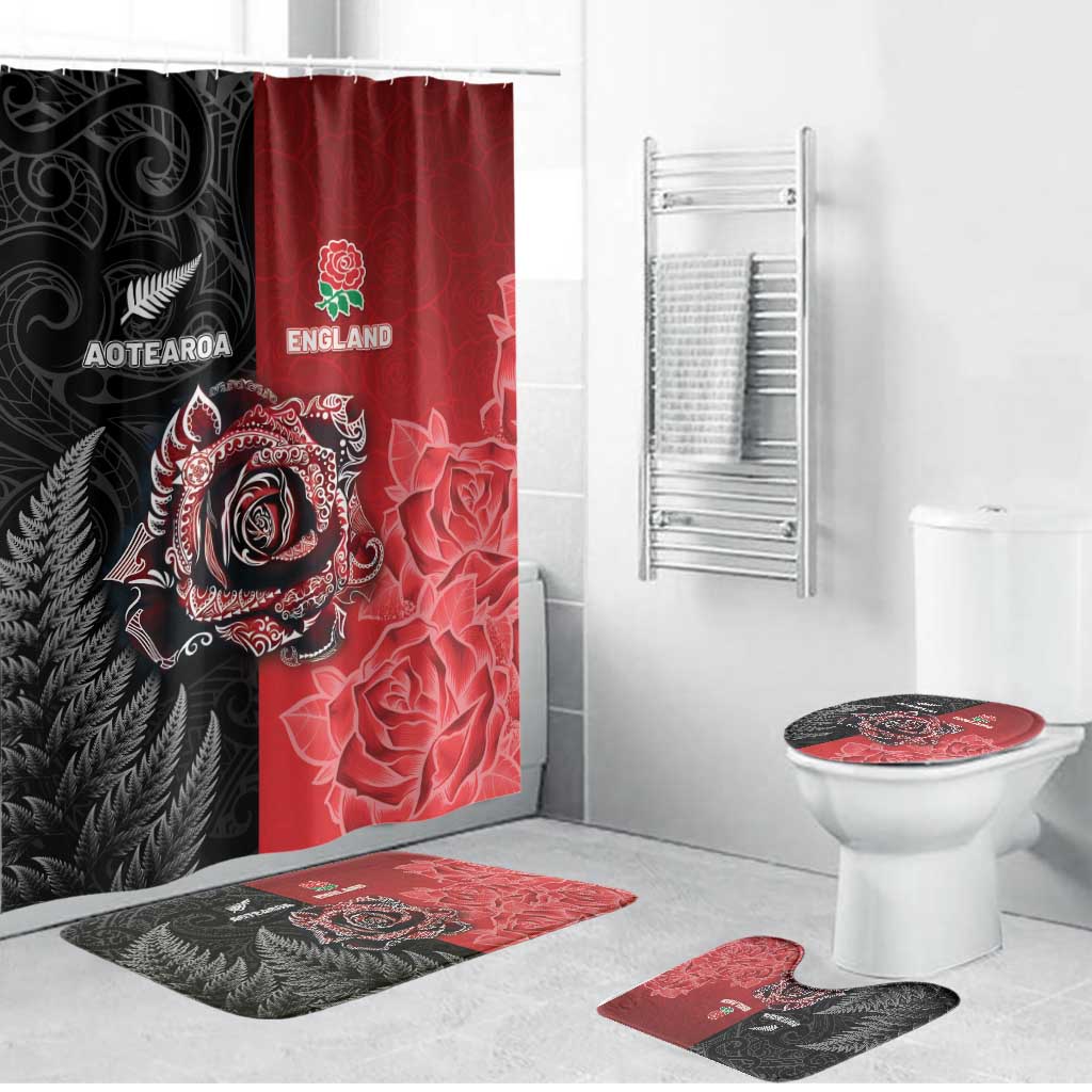 New Zealand And England Rugby Bathroom Set Red Rose Mix Maori Pattern - Wonder Print Shop