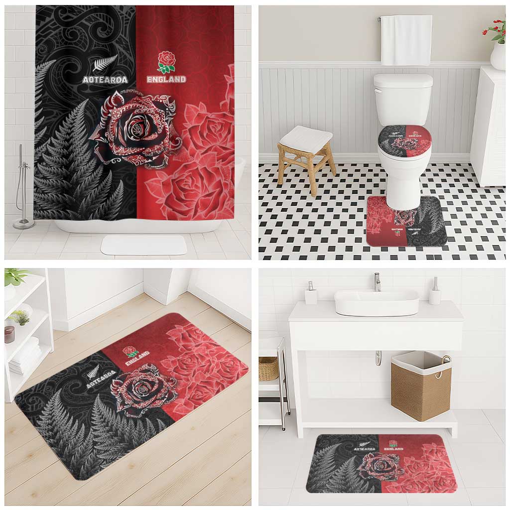 New Zealand And England Rugby Bathroom Set Red Rose Mix Maori Pattern - Wonder Print Shop