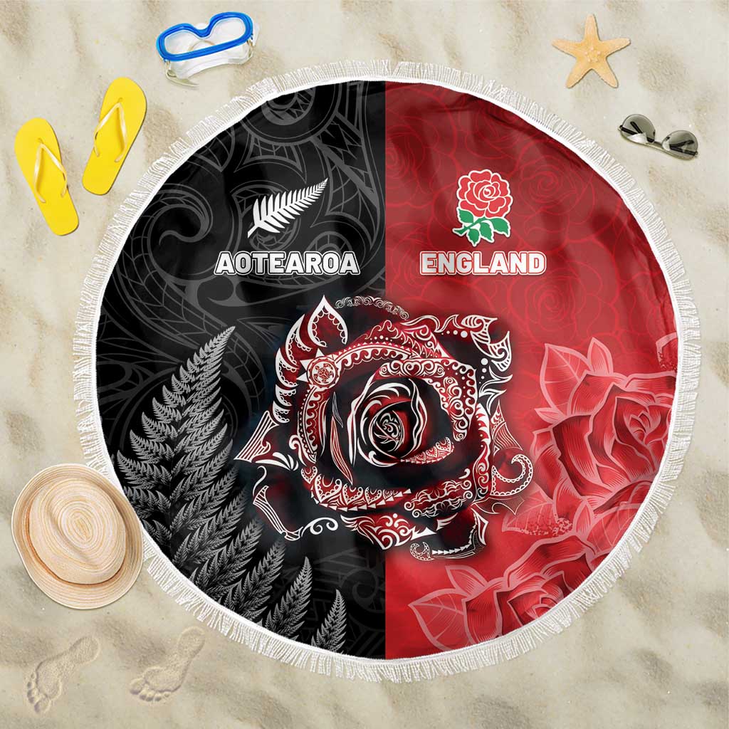 New Zealand And England Rugby Beach Blanket Red Rose Mix Maori Pattern - Wonder Print Shop