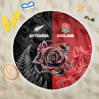 New Zealand And England Rugby Beach Blanket Red Rose Mix Maori Pattern - Wonder Print Shop