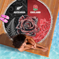 New Zealand And England Rugby Beach Blanket Red Rose Mix Maori Pattern - Wonder Print Shop