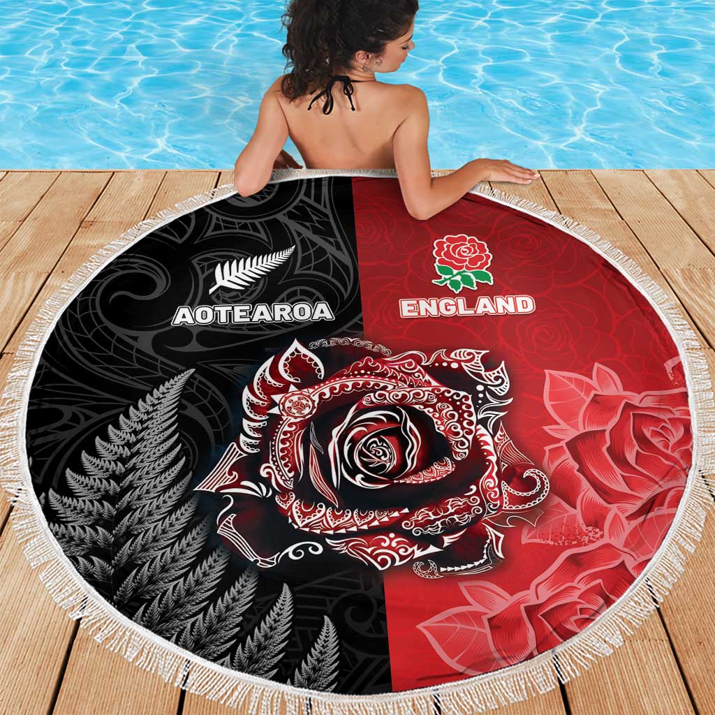 New Zealand And England Rugby Beach Blanket Red Rose Mix Maori Pattern - Wonder Print Shop