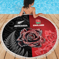 New Zealand And England Rugby Beach Blanket Red Rose Mix Maori Pattern - Wonder Print Shop