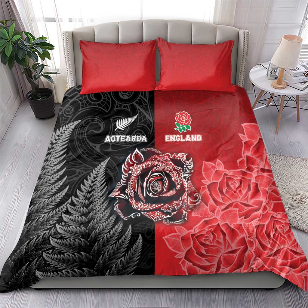 New Zealand And England Rugby Bedding Set Red Rose Mix Maori Pattern - Wonder Print Shop