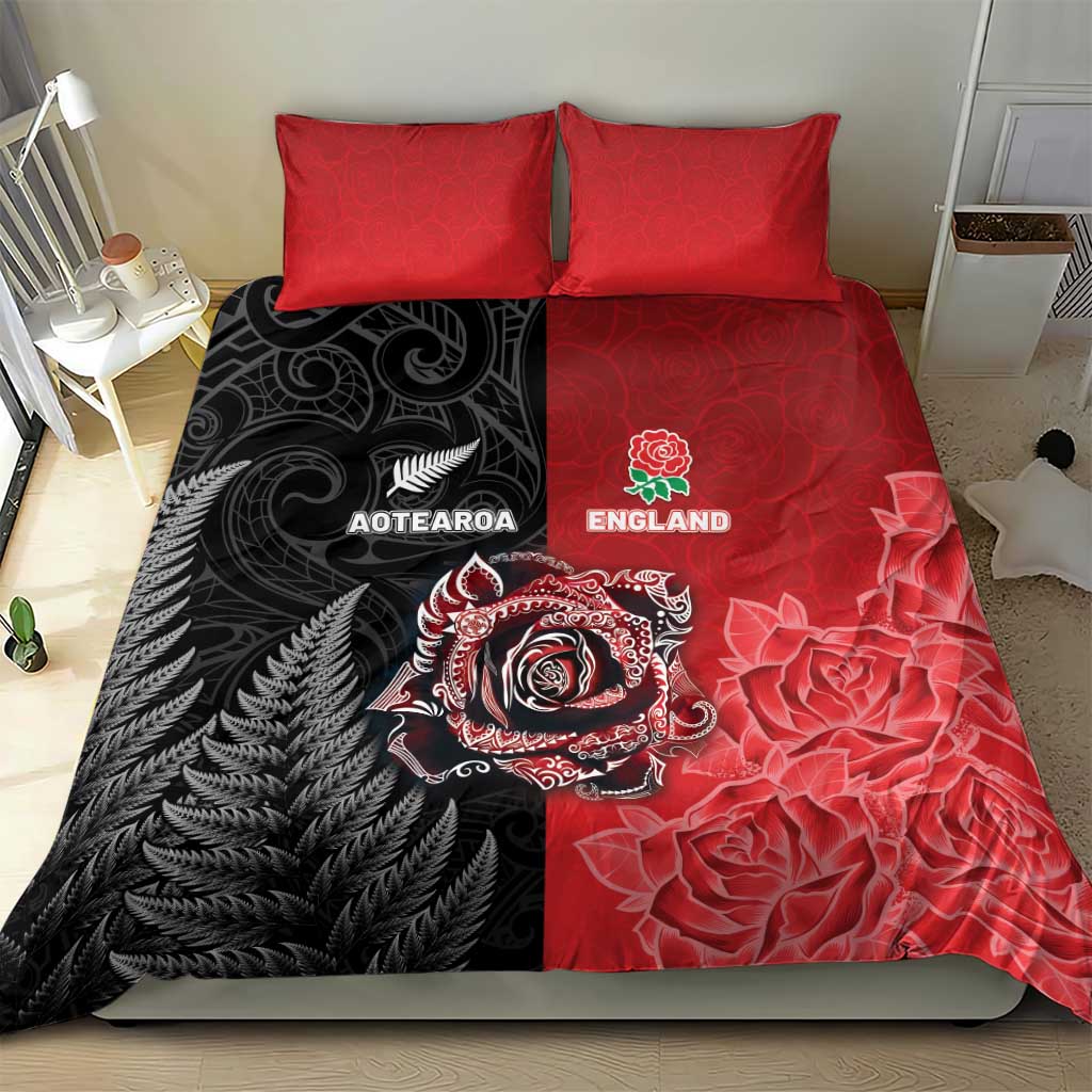 New Zealand And England Rugby Bedding Set Red Rose Mix Maori Pattern - Wonder Print Shop
