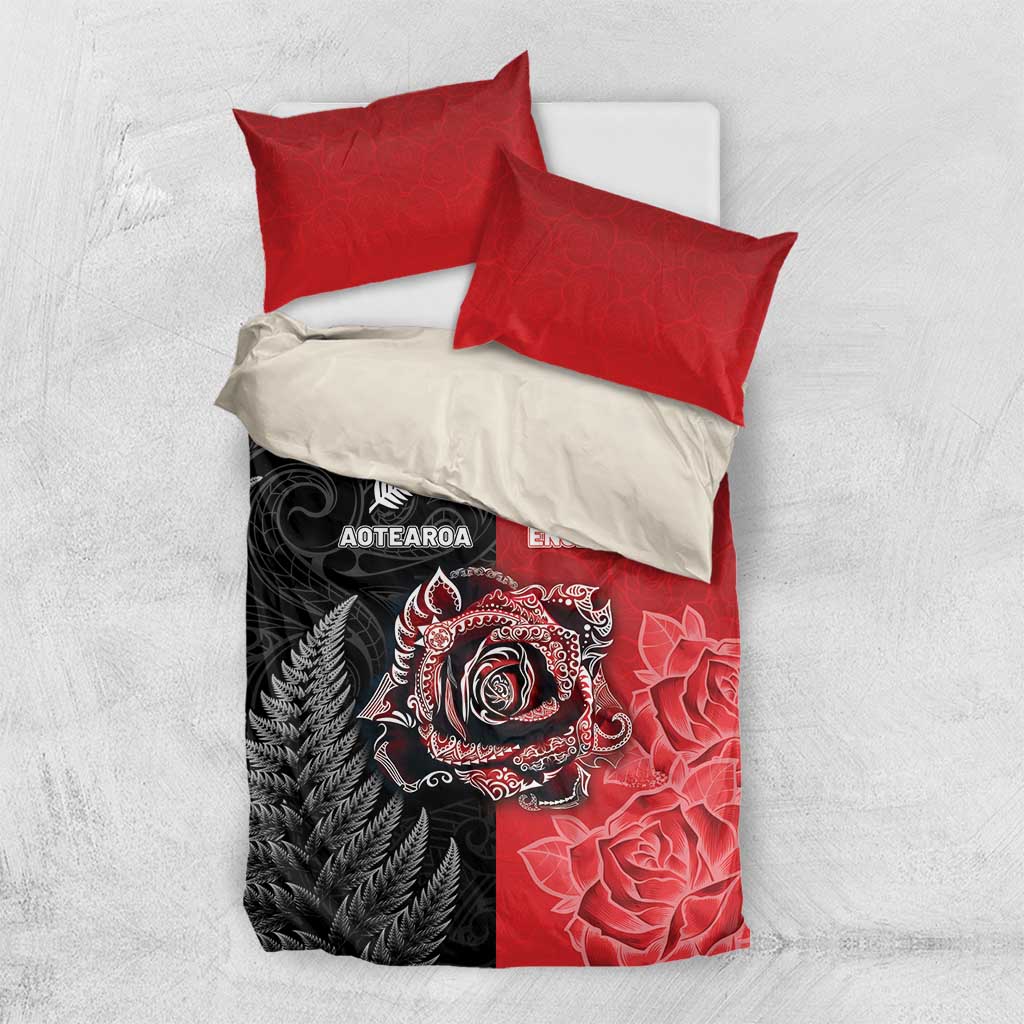 New Zealand And England Rugby Bedding Set Red Rose Mix Maori Pattern - Wonder Print Shop