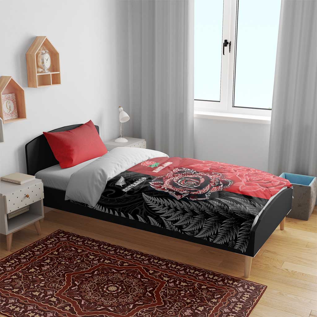 New Zealand And England Rugby Bedding Set Red Rose Mix Maori Pattern - Wonder Print Shop