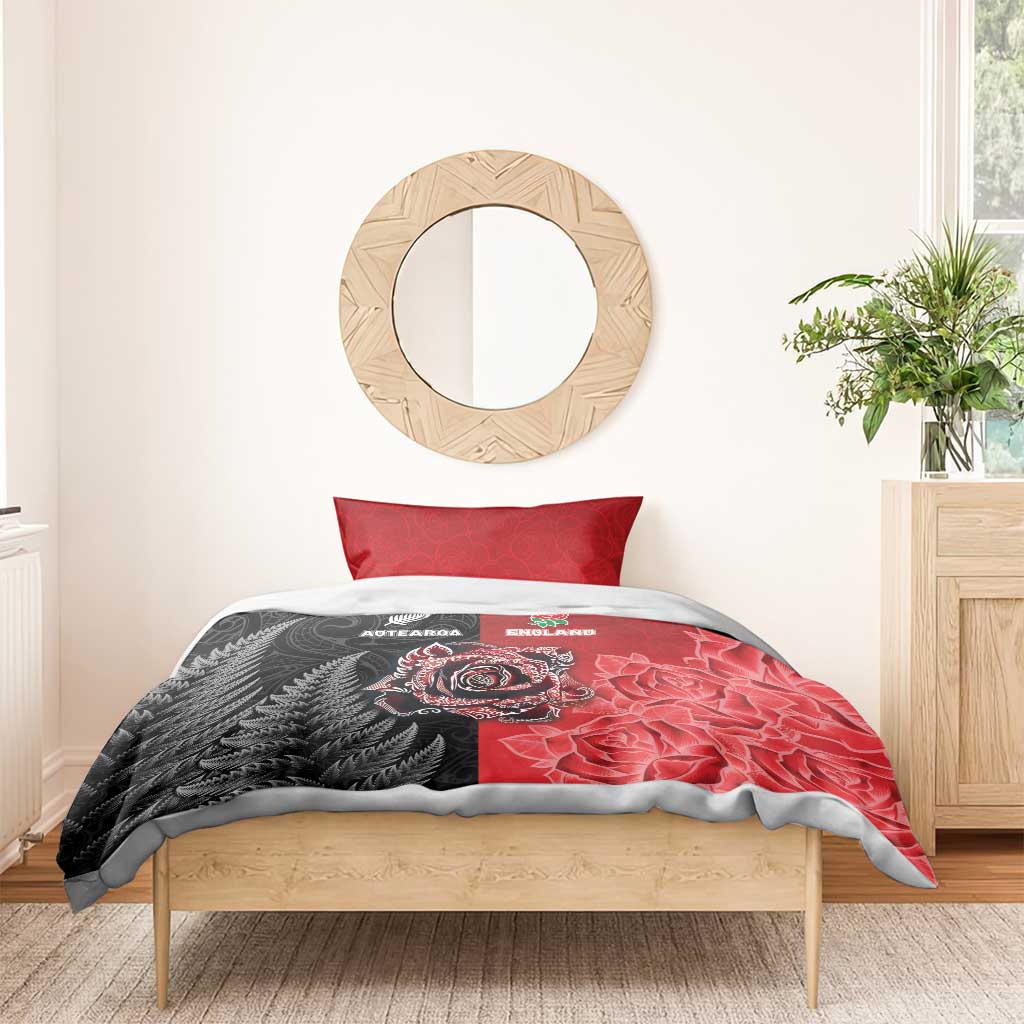 New Zealand And England Rugby Bedding Set Red Rose Mix Maori Pattern - Wonder Print Shop