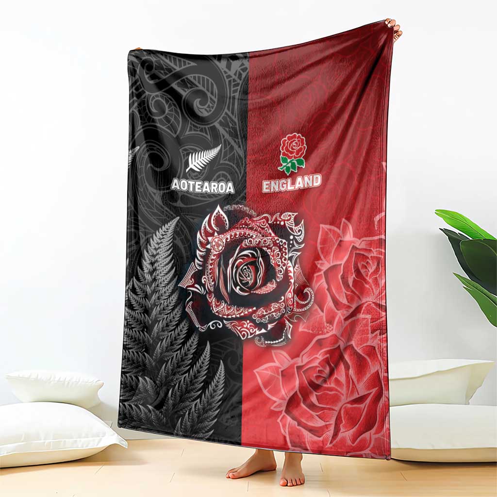 New Zealand And England Rugby Blanket Red Rose Mix Maori Pattern - Wonder Print Shop