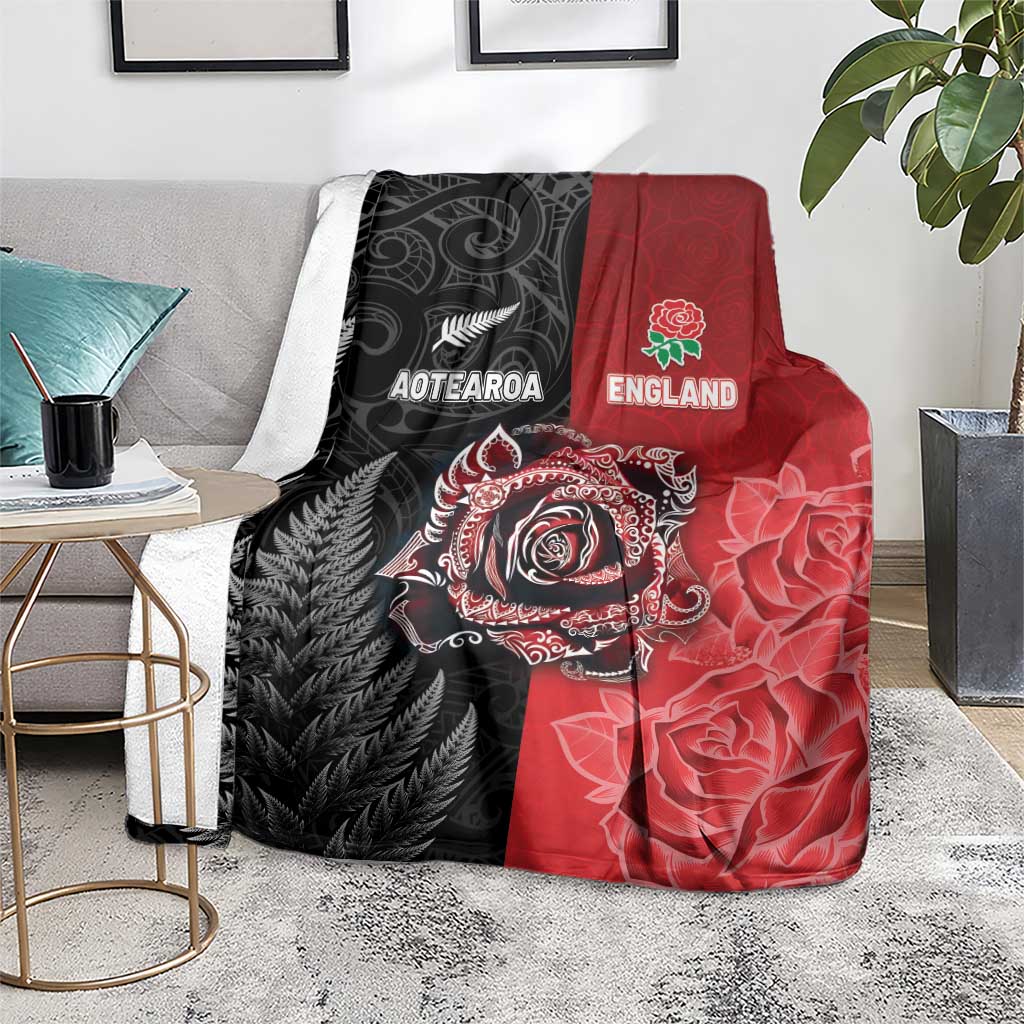 New Zealand And England Rugby Blanket Red Rose Mix Maori Pattern - Wonder Print Shop