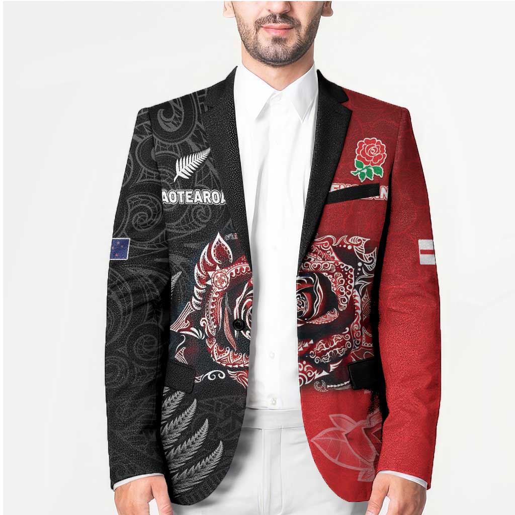 New Zealand And England Rugby Custom Blazer Red Rose Mix Maori Pattern - Wonder Print Shop