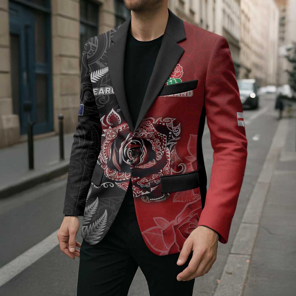 New Zealand And England Rugby Custom Blazer Red Rose Mix Maori Pattern - Wonder Print Shop