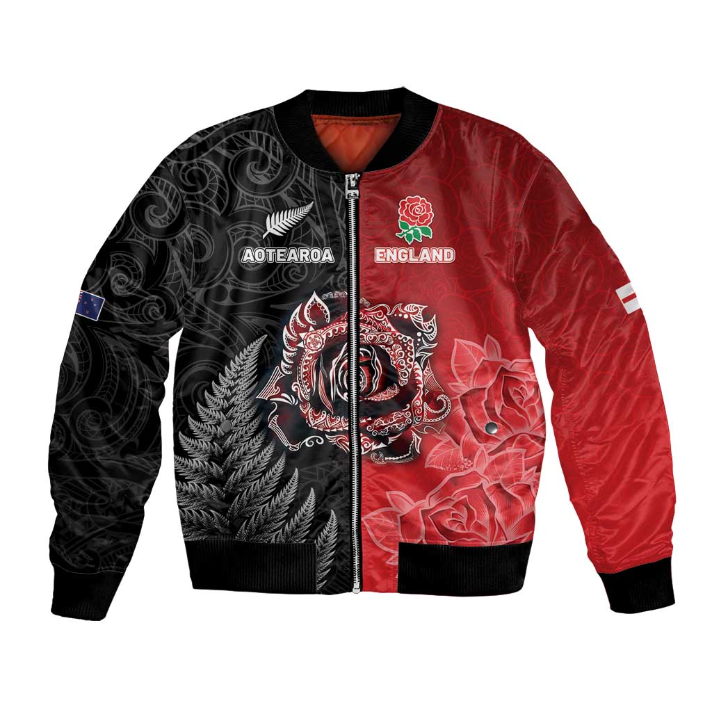 New Zealand And England Rugby Custom Bomber Jacket Red Rose Mix Maori Pattern - Wonder Print Shop