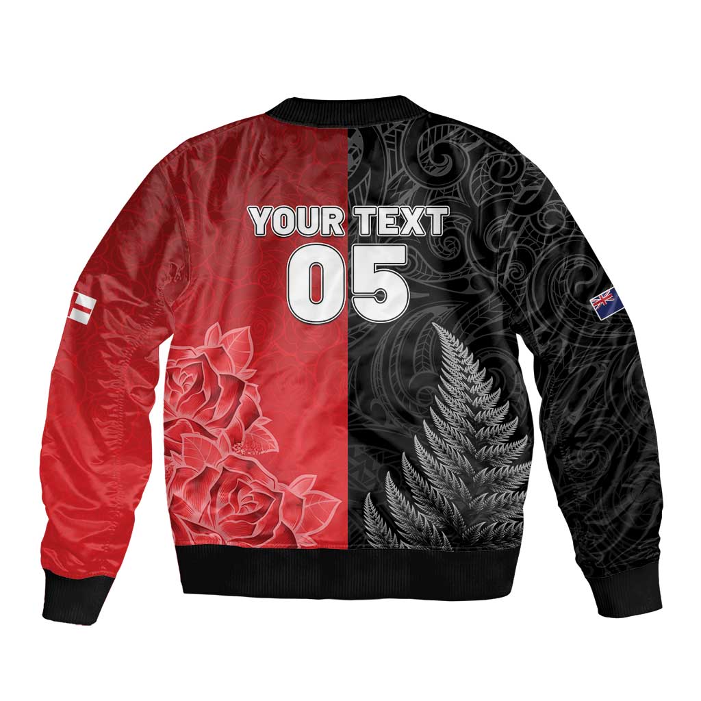 New Zealand And England Rugby Custom Bomber Jacket Red Rose Mix Maori Pattern - Wonder Print Shop