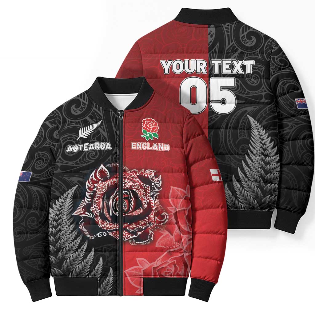 New Zealand And England Rugby Custom Bomber Puffer Jacket Red Rose Mix Maori Pattern - Wonder Print Shop