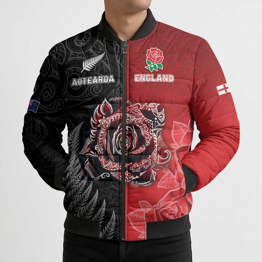 New Zealand And England Rugby Custom Bomber Puffer Jacket Red Rose Mix Maori Pattern - Wonder Print Shop