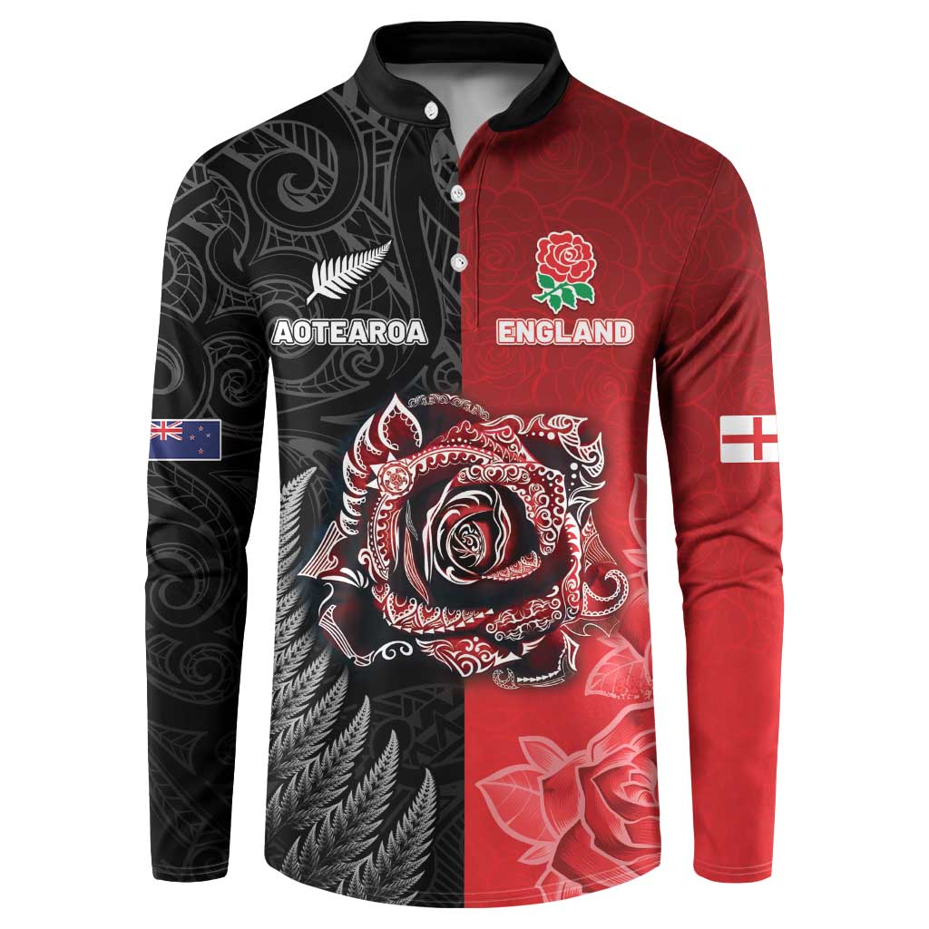 New Zealand And England Rugby Custom Button Sweatshirt Red Rose Mix Maori Pattern - Wonder Print Shop