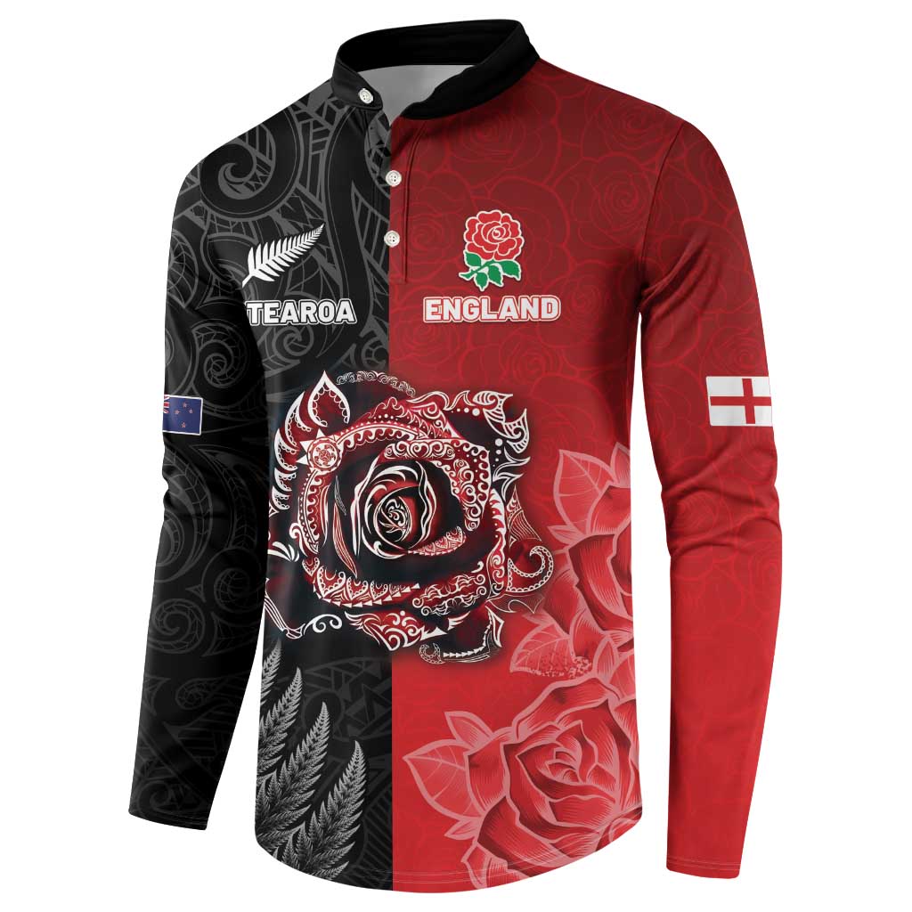 New Zealand And England Rugby Custom Button Sweatshirt Red Rose Mix Maori Pattern - Wonder Print Shop