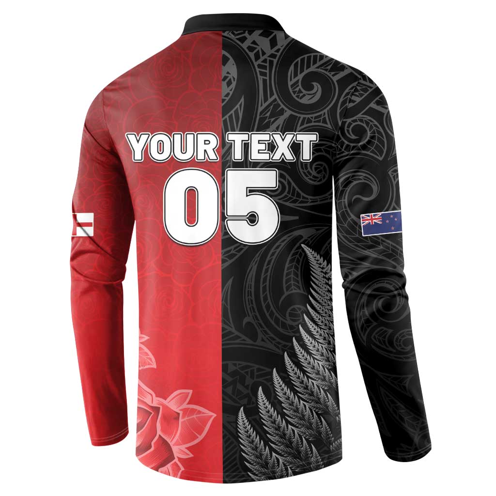 New Zealand And England Rugby Custom Button Sweatshirt Red Rose Mix Maori Pattern - Wonder Print Shop