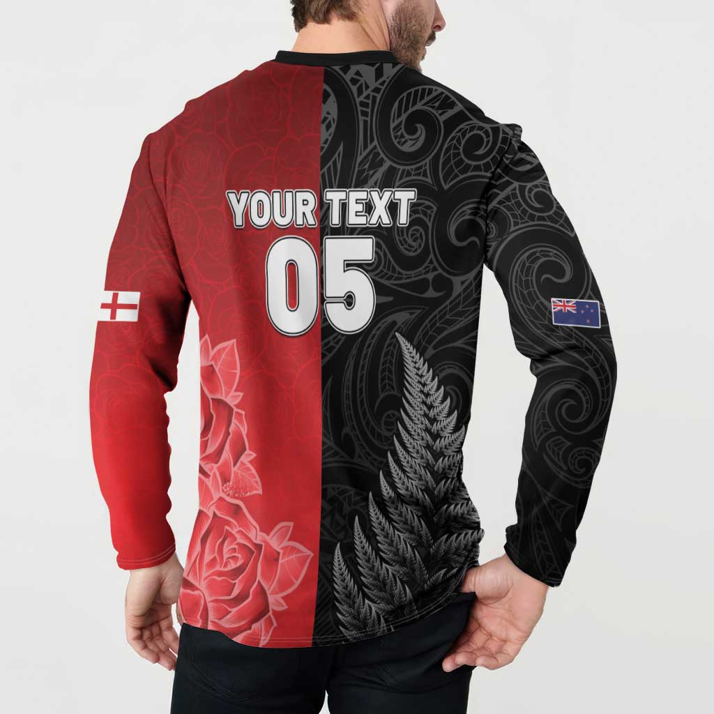 New Zealand And England Rugby Custom Button Sweatshirt Red Rose Mix Maori Pattern - Wonder Print Shop