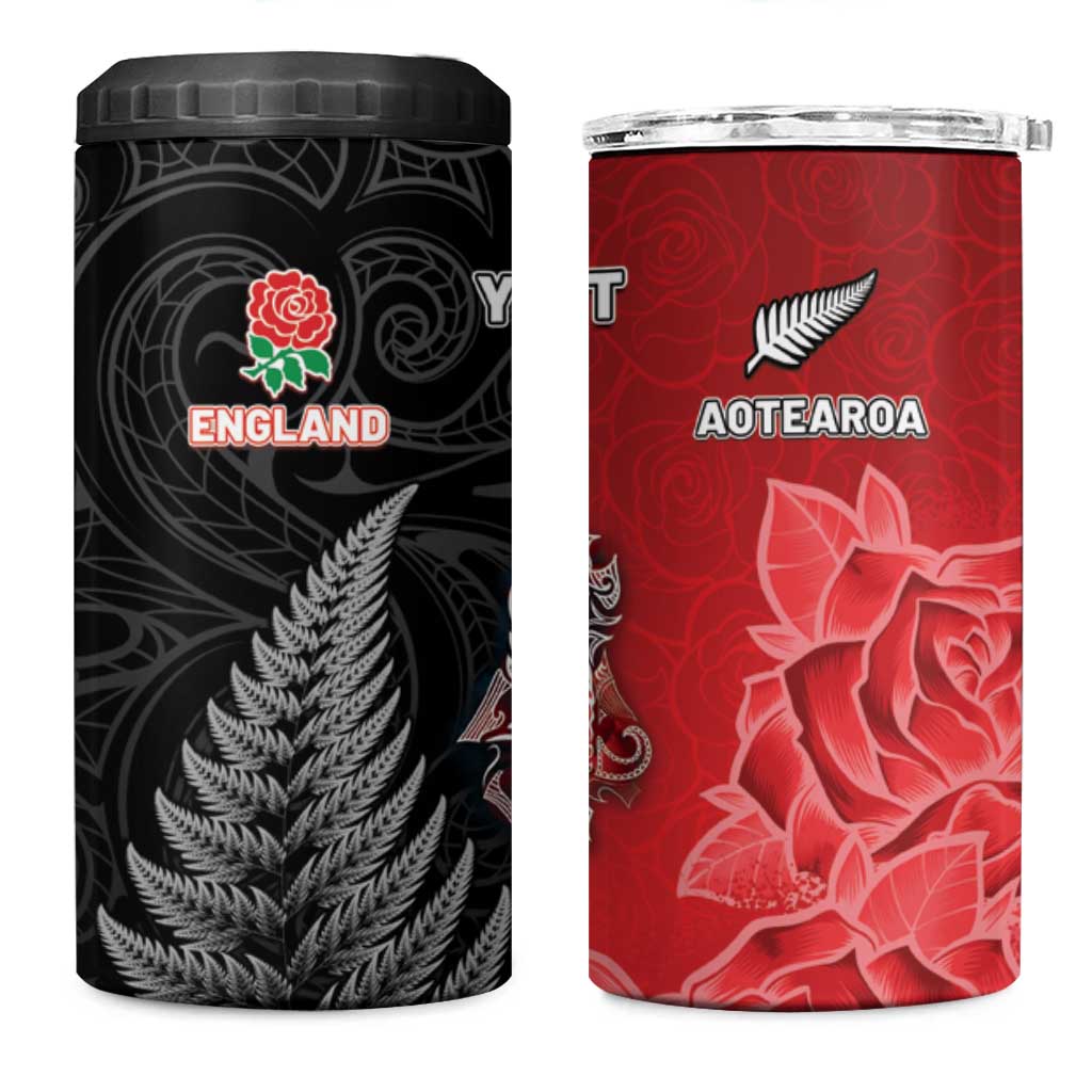 New Zealand And England Rugby Custom 4 in 1 Can Cooler Tumbler Red Rose Mix Maori Pattern - Wonder Print Shop