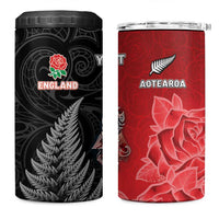 New Zealand And England Rugby Custom 4 in 1 Can Cooler Tumbler Red Rose Mix Maori Pattern - Wonder Print Shop