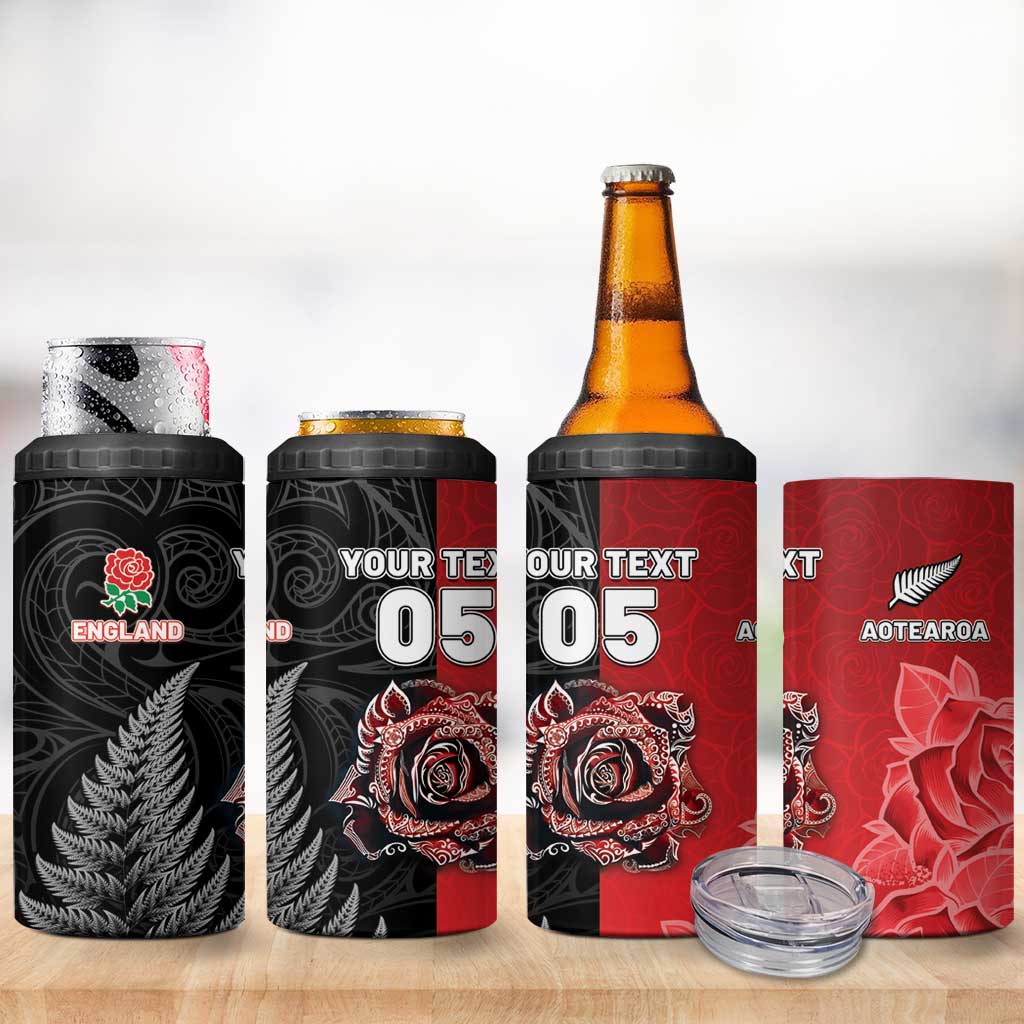 New Zealand And England Rugby Custom 4 in 1 Can Cooler Tumbler Red Rose Mix Maori Pattern - Wonder Print Shop