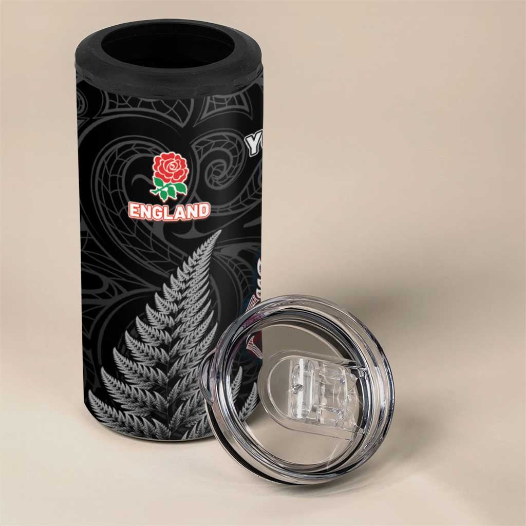 New Zealand And England Rugby Custom 4 in 1 Can Cooler Tumbler Red Rose Mix Maori Pattern - Wonder Print Shop