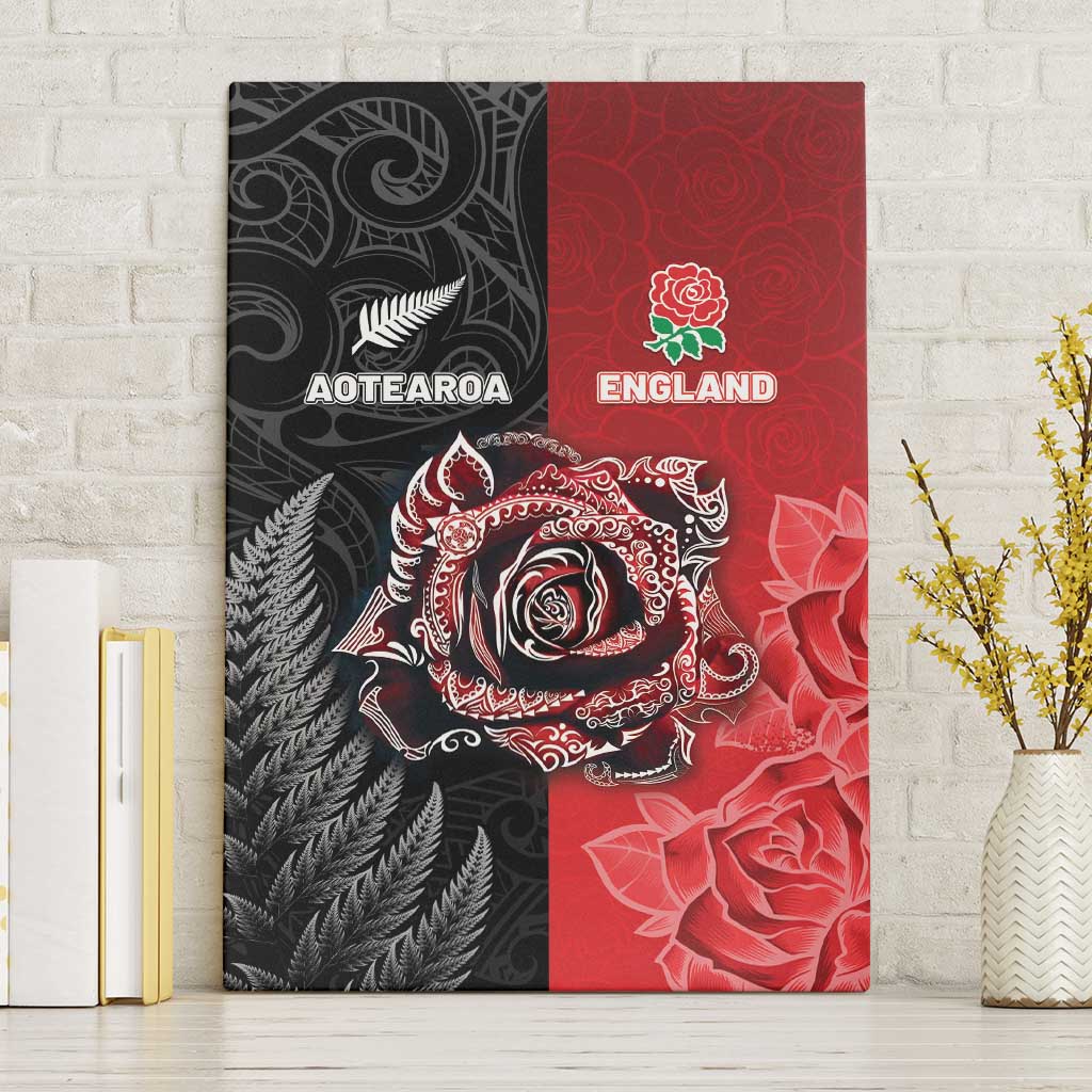 New Zealand And England Rugby Canvas Wall Art Red Rose Mix Maori Pattern - Wonder Print Shop