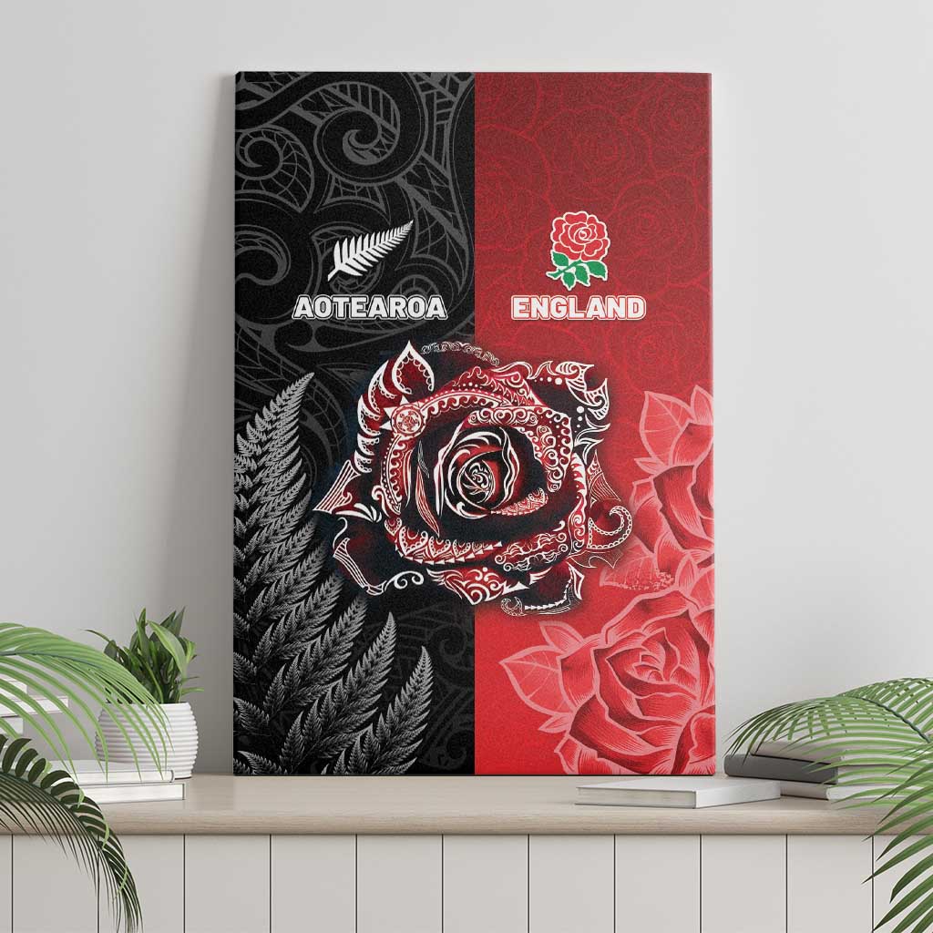 New Zealand And England Rugby Canvas Wall Art Red Rose Mix Maori Pattern - Wonder Print Shop