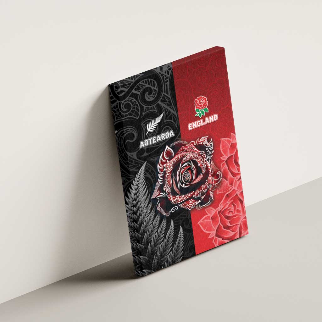 New Zealand And England Rugby Canvas Wall Art Red Rose Mix Maori Pattern - Wonder Print Shop