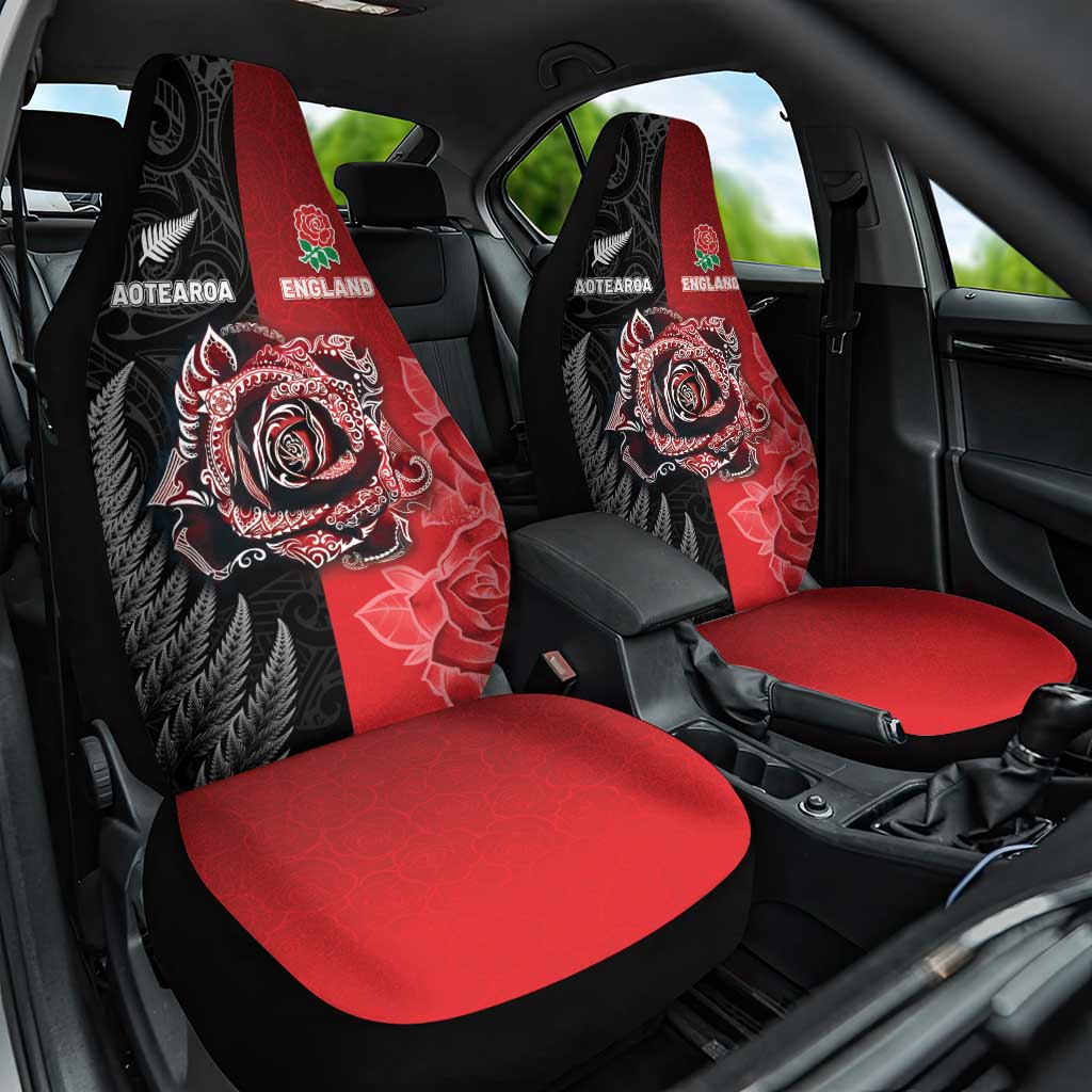 New Zealand And England Rugby Car Seat Cover Red Rose Mix Maori Pattern - Wonder Print Shop