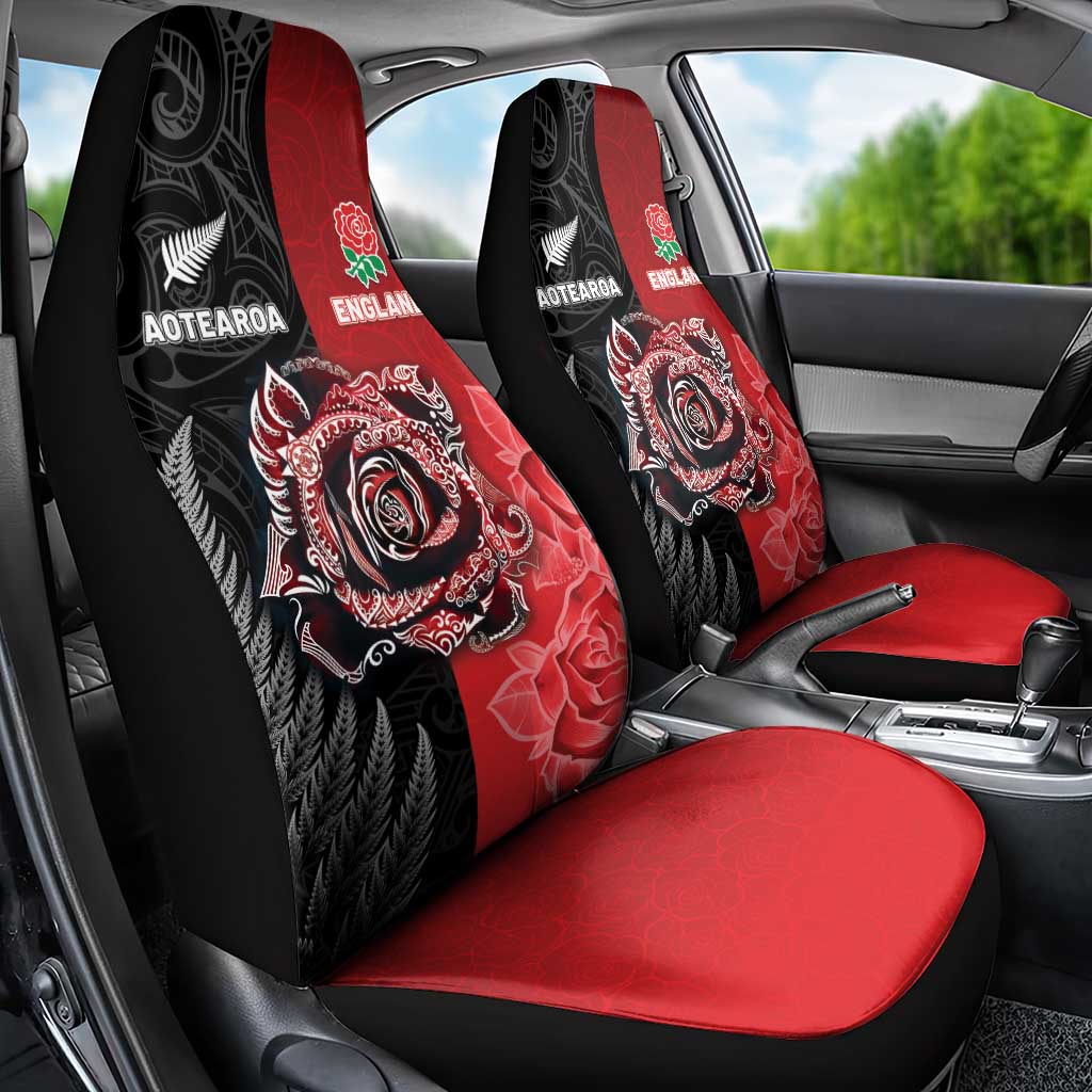 New Zealand And England Rugby Car Seat Cover Red Rose Mix Maori Pattern - Wonder Print Shop