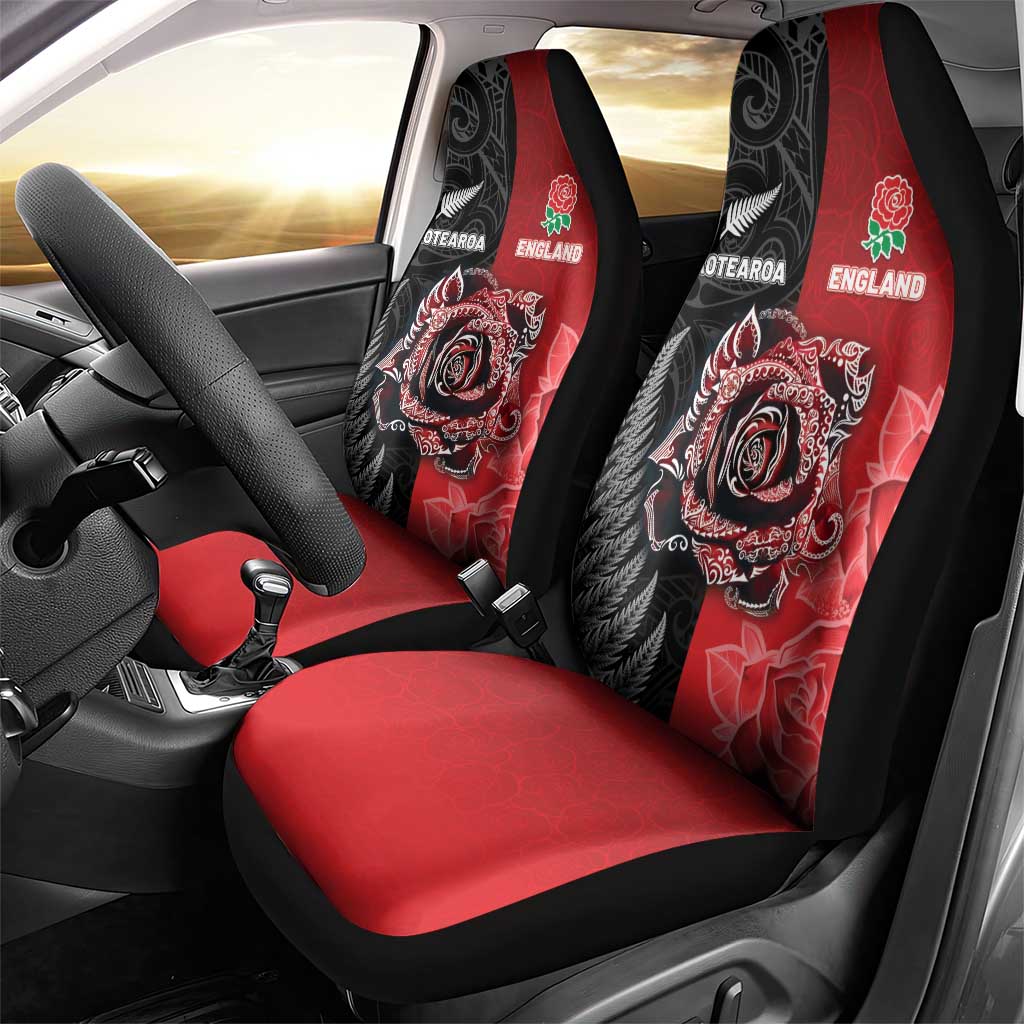 New Zealand And England Rugby Car Seat Cover Red Rose Mix Maori Pattern - Wonder Print Shop