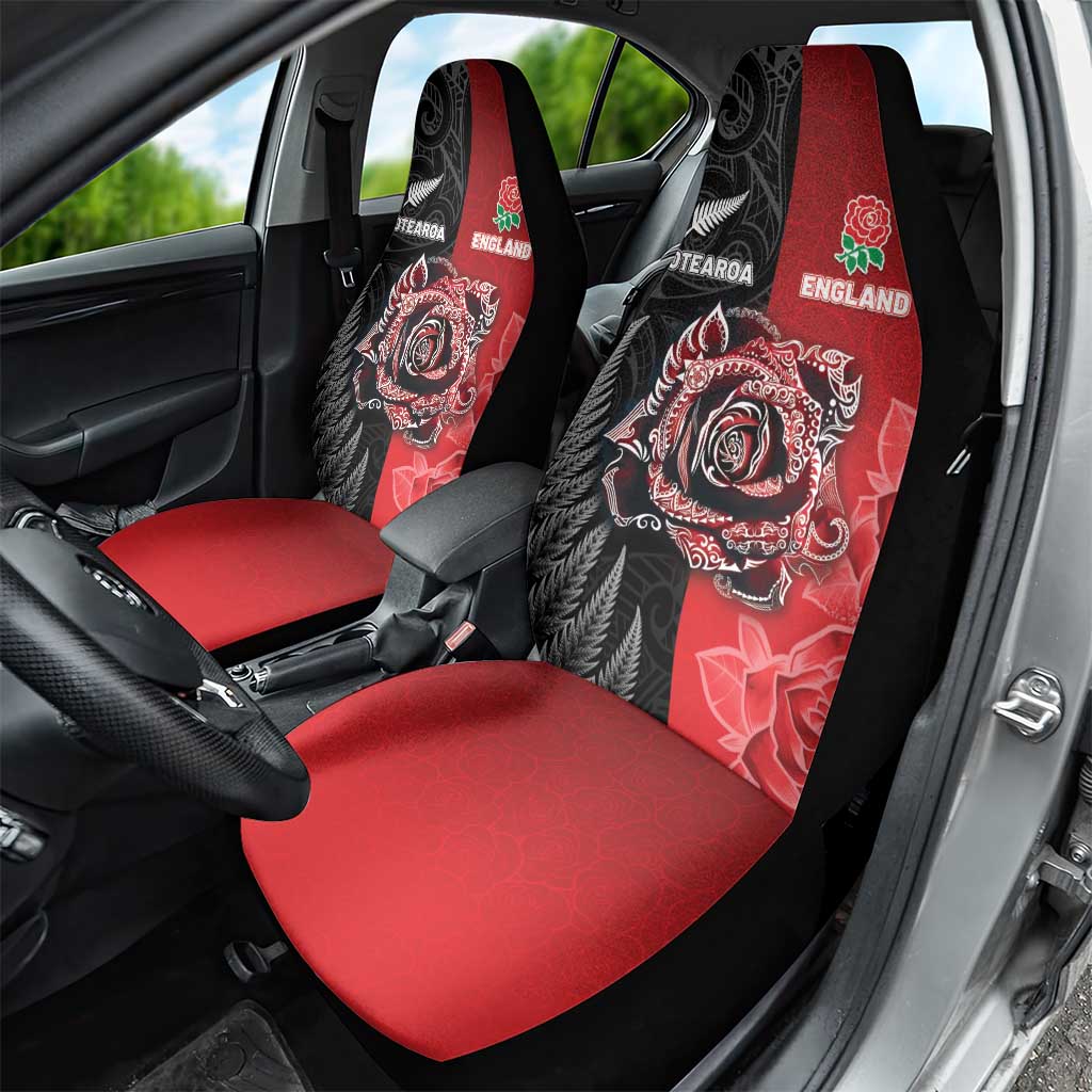 New Zealand And England Rugby Car Seat Cover Red Rose Mix Maori Pattern - Wonder Print Shop
